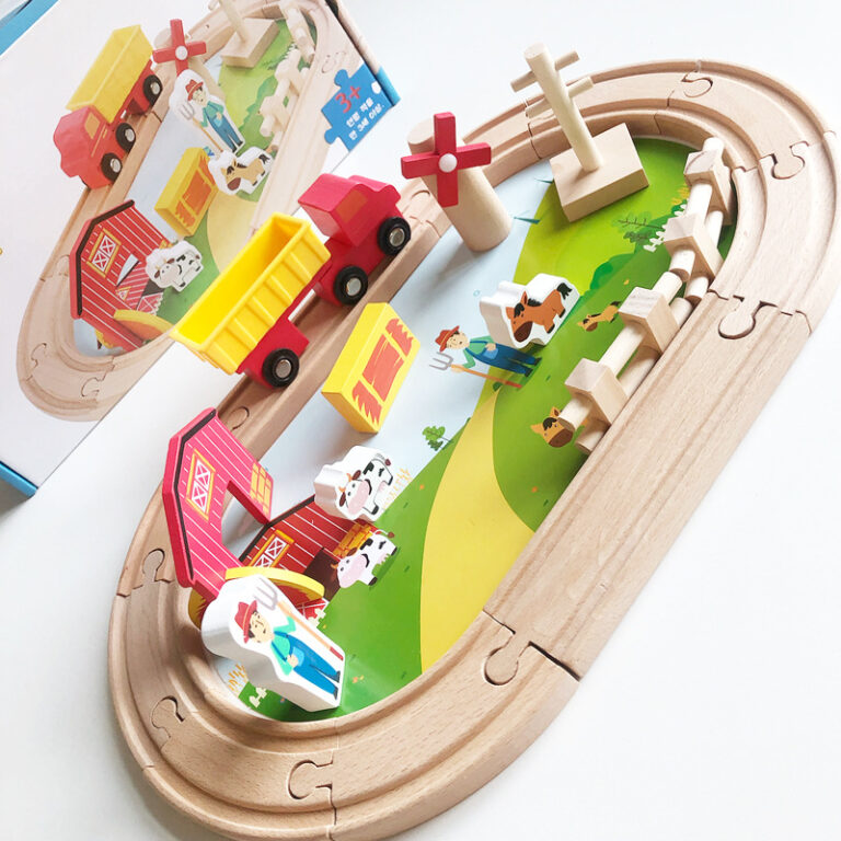 Wooden toy train set with track pieces for kids