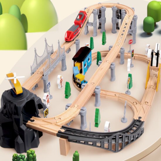 Wooden toy train set with track pieces for kids