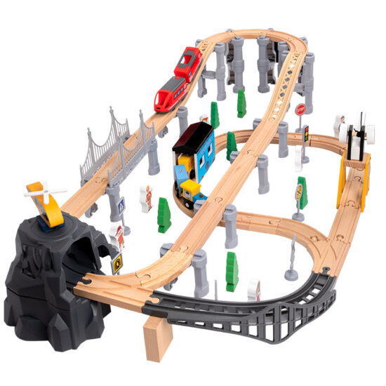 Wooden toy train set with track pieces for kids