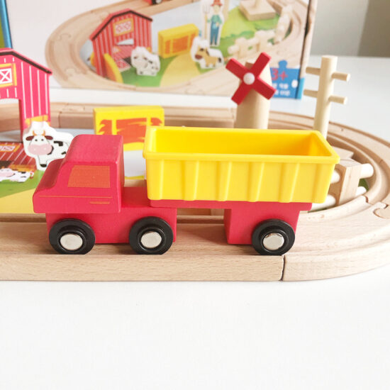 Wooden toy train set with track pieces for kids