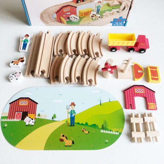 Wooden toy train set with track pieces for kids
