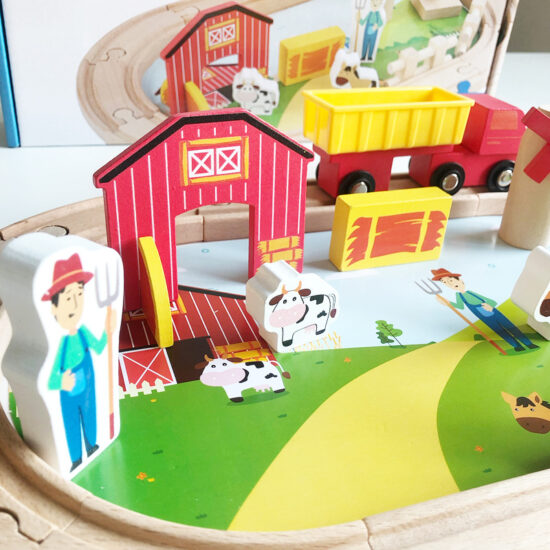 Wooden toy train set with track pieces for kids