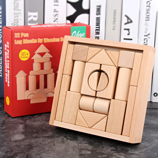Large colorful wooden blocks in box for stacking play