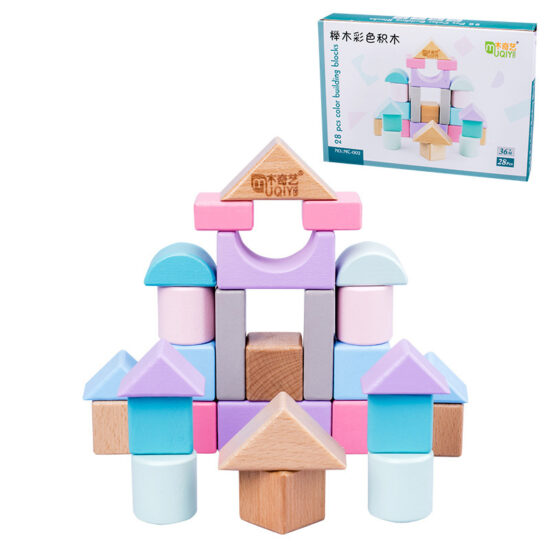 Large colorful wooden blocks in box for stacking play