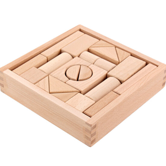Large colorful wooden blocks in box for stacking play