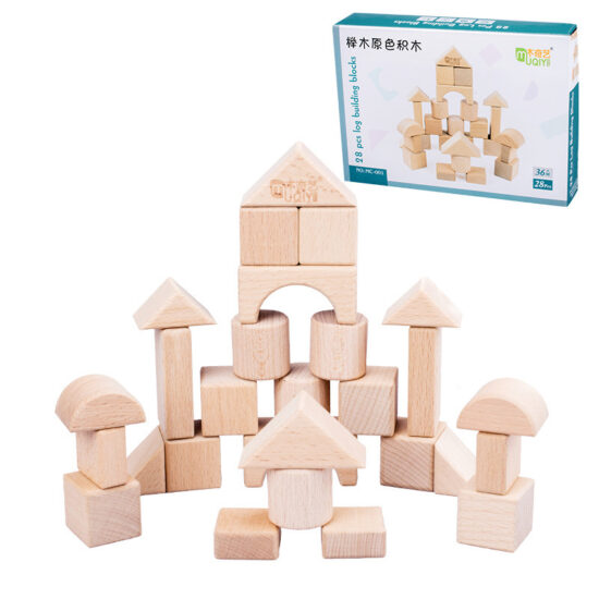 Large colorful wooden blocks in box for stacking play