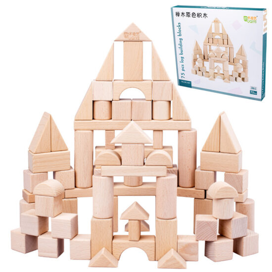 Large colorful wooden blocks in box for stacking play