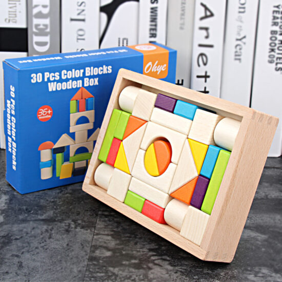 Large colorful wooden blocks in box for stacking play