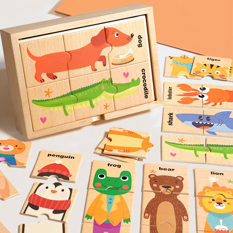 Wooden animal shape matching puzzle with English words