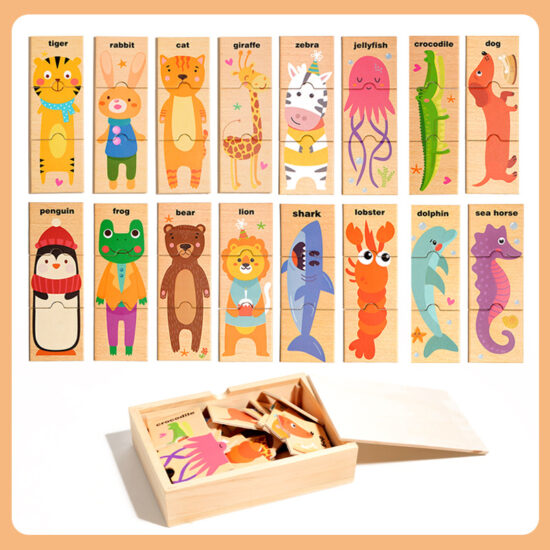 Wooden animal shape matching puzzle with English words