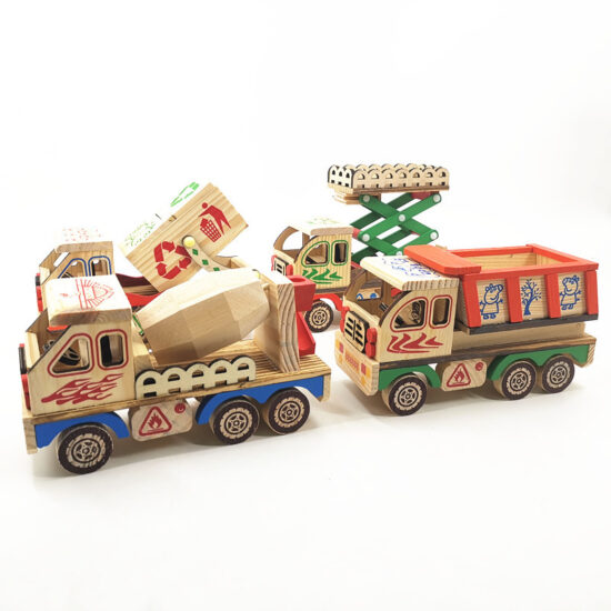 Wooden dump truck and cement mixer toy in colorful design