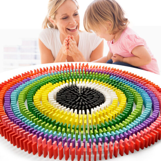 120-piece wooden domino set in bright colors for children