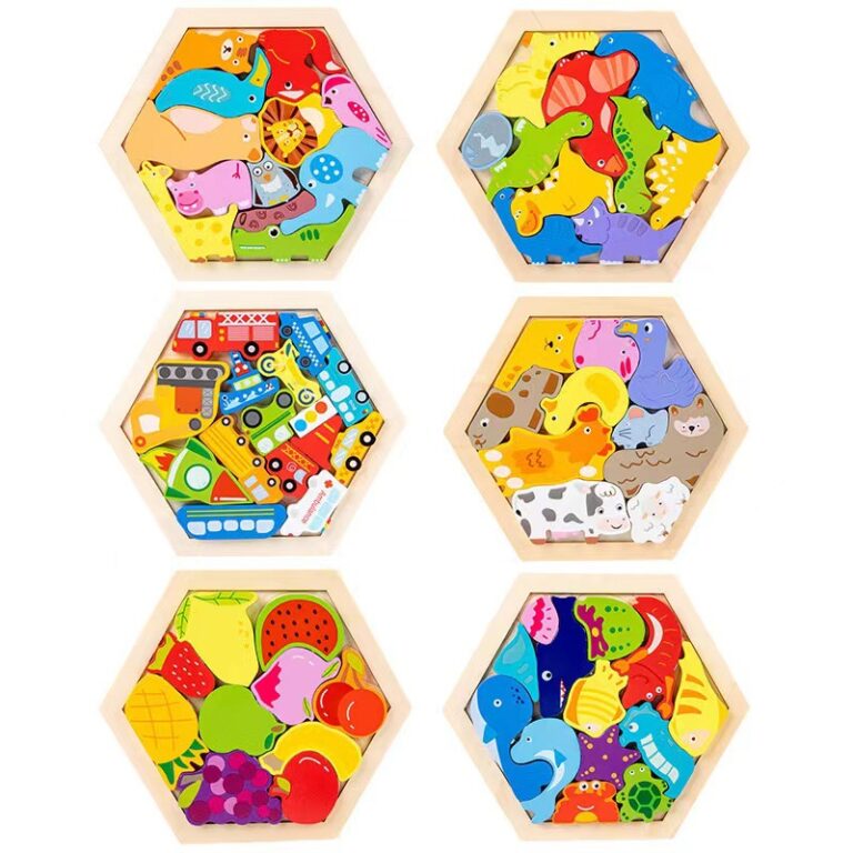 Hexagon cartoon wooden puzzle toy for toddlers