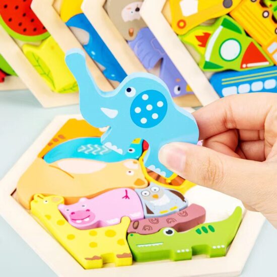 Hexagon cartoon wooden puzzle toy for toddlers