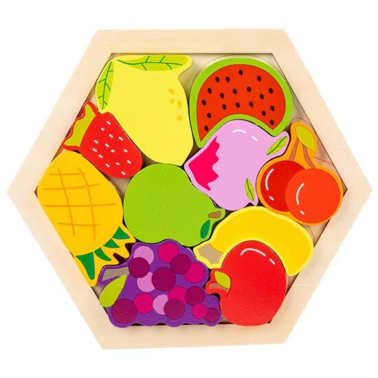 Hexagon cartoon wooden puzzle toy for toddlers