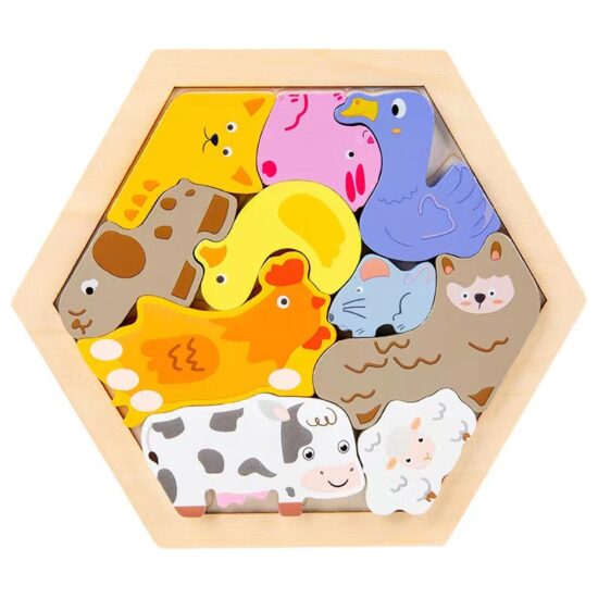 Hexagon cartoon wooden puzzle toy for toddlers