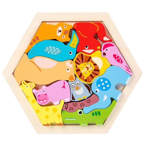 Hexagon cartoon wooden puzzle toy for toddlers
