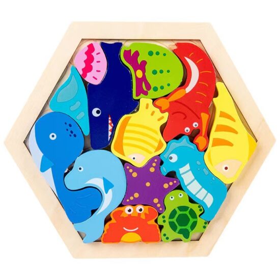 Hexagon cartoon wooden puzzle toy for toddlers