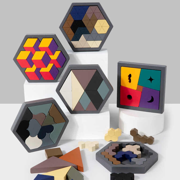 3D wooden hexagon tangram puzzle toy for kids and adults