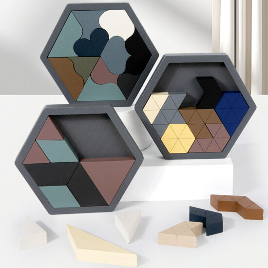 3D wooden hexagon tangram puzzle toy for kids and adults