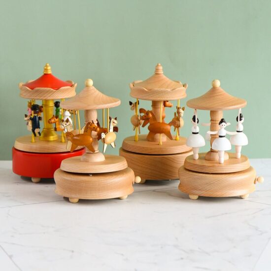 Creative wooden kids carousel music box toy with rotation