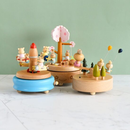 Creative wooden kids carousel music box toy with rotation