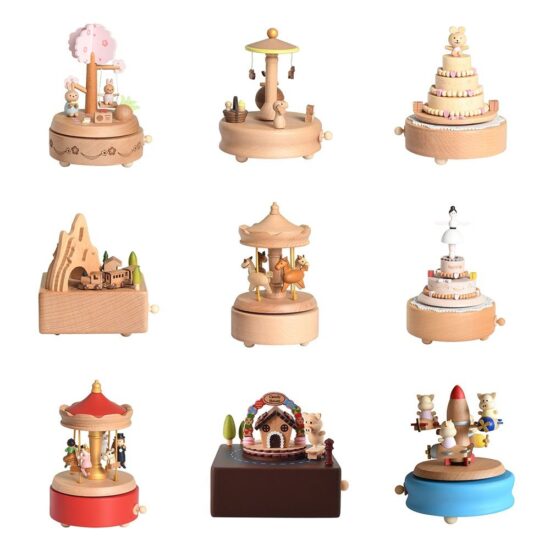 Creative wooden kids carousel music box toy with rotation