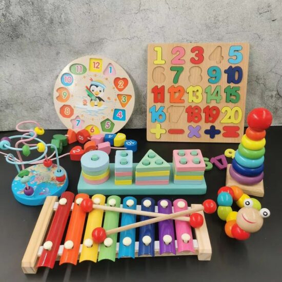Wooden xylophone toy set with shape board and twisting worm