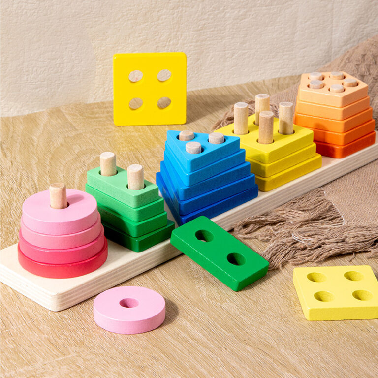 Montessori wooden shape sorting stacking toy for