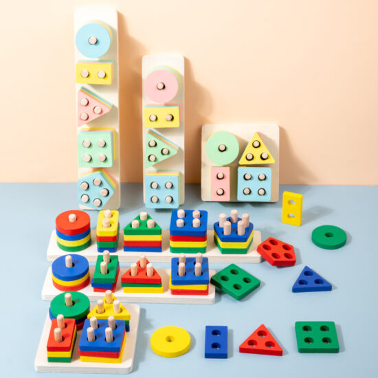 Montessori wooden shape sorting stacking toy for