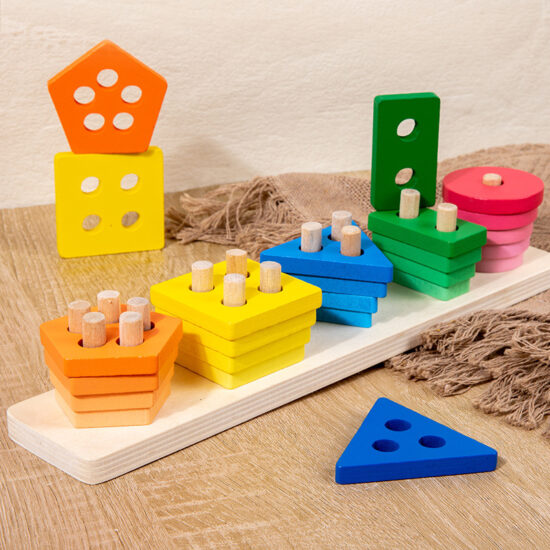 Montessori wooden shape sorting stacking toy for