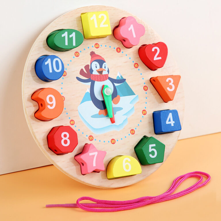 Wooden kids clock toy with numbers and shapes
