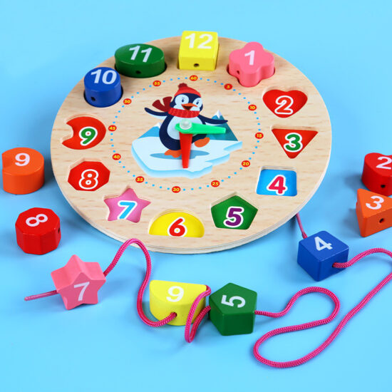 Wooden kids clock toy with numbers and shapes