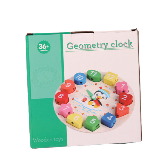 Wooden kids clock toy with numbers and shapes