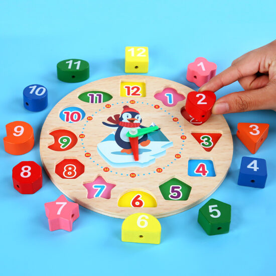 Wooden kids clock toy with numbers and shapes