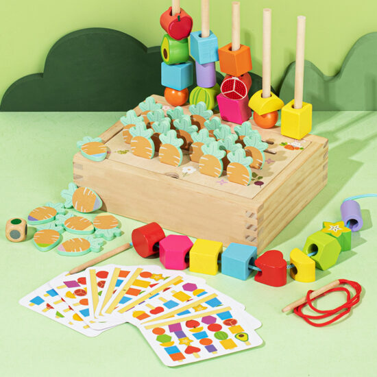 Wooden rainbow stacking and lacing toy for toddlers