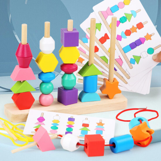 Wooden rainbow stacking and lacing toy for toddlers