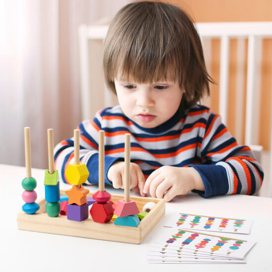 Wooden rainbow stacking and lacing toy for toddlers