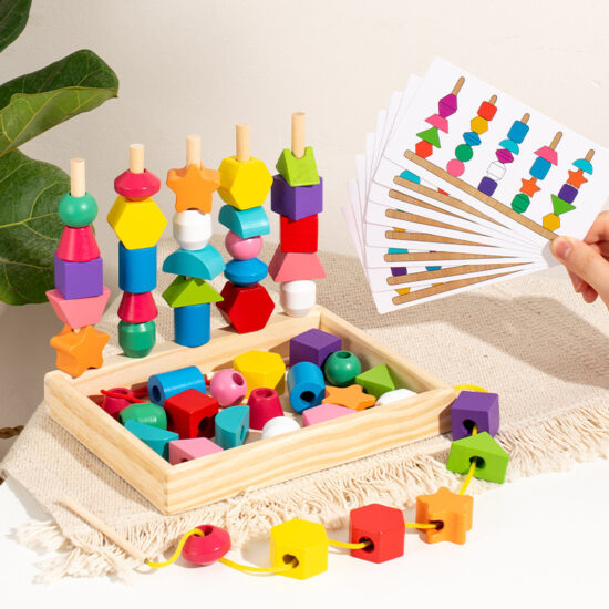 Wooden rainbow stacking and lacing toy for toddlers