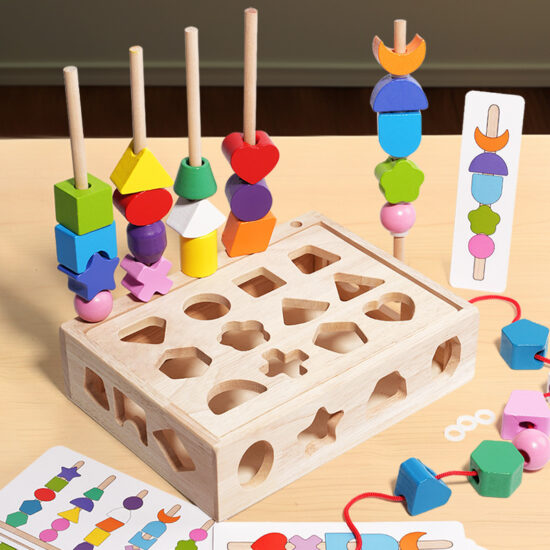 Wooden rainbow stacking and lacing toy for toddlers