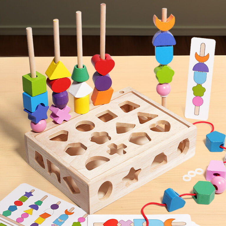 Wooden rainbow stacking and lacing toy for toddlers