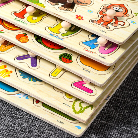 Montessori wooden peg puzzle board with shapes and letters