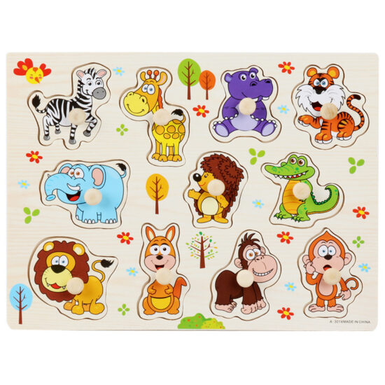 Montessori wooden peg puzzle board with shapes and letters
