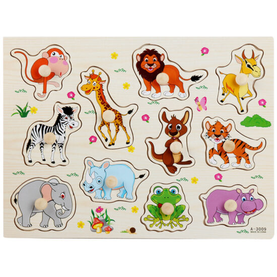 Montessori wooden peg puzzle board with shapes and letters