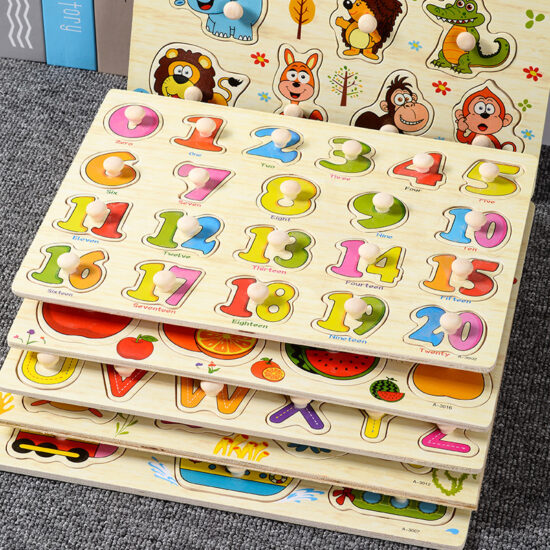 Montessori wooden peg puzzle board with shapes and letters