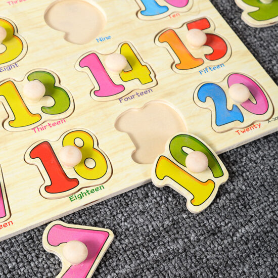 Montessori wooden peg puzzle board with shapes and letters