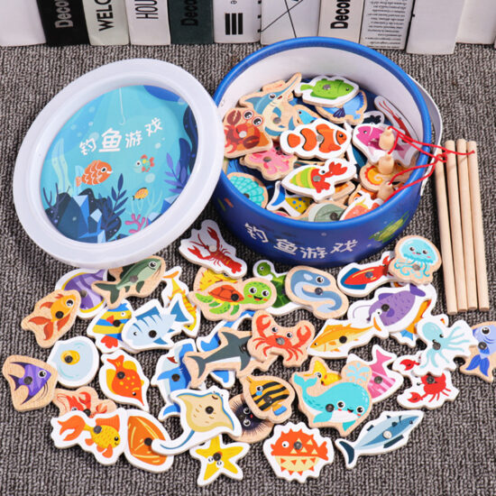 Wooden bucket fishing toy set with magnetic ocean animals for kids' early education