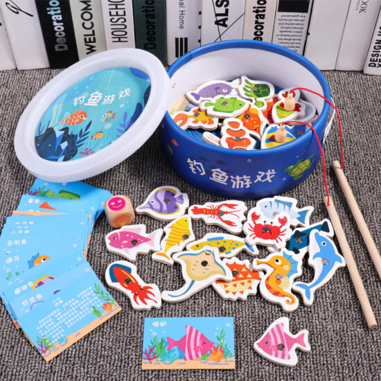 Wooden bucket fishing toy set with magnetic ocean animals for kids' early education