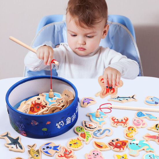 Wooden bucket fishing toy set with magnetic ocean animals for kids' early education