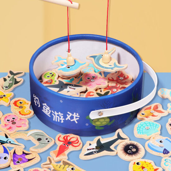 Wooden bucket fishing toy set with magnetic ocean animals for kids' early education